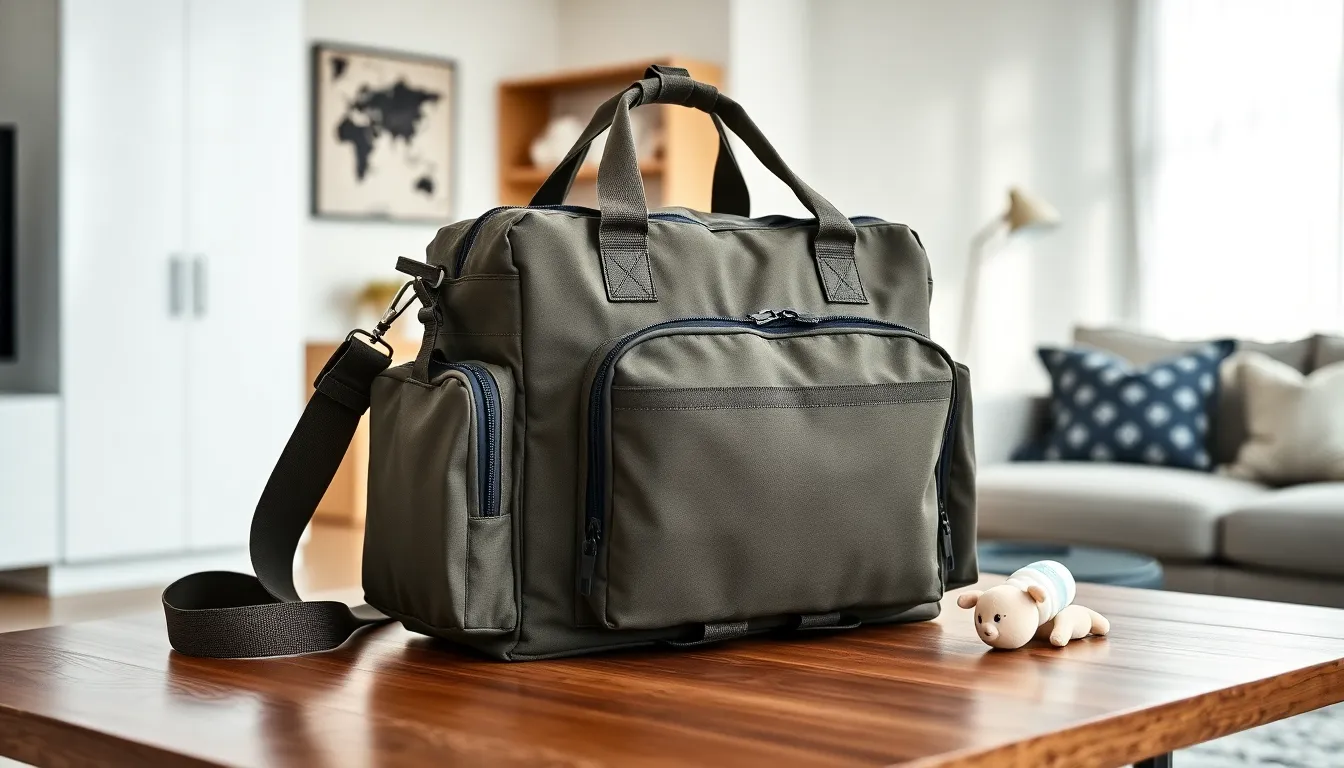 tactical baby bag on a modern wooden table with parenting essentials.