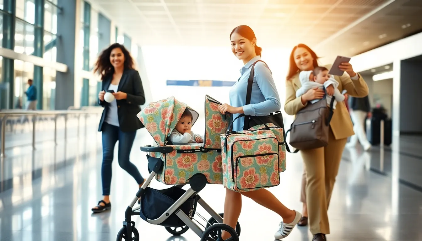 parents navigating an airport with stylish baby travel gear.
