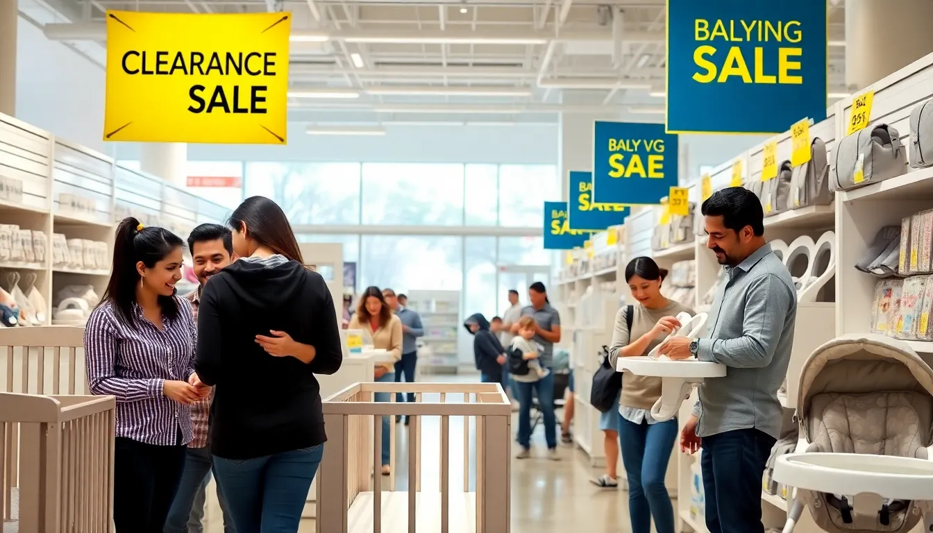 A diverse group of parents shopping at a baby gear clearance sale.