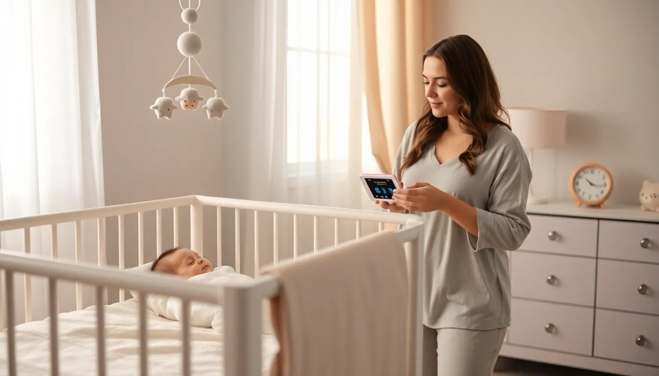 mother monitoring her baby in a cozy nursery.