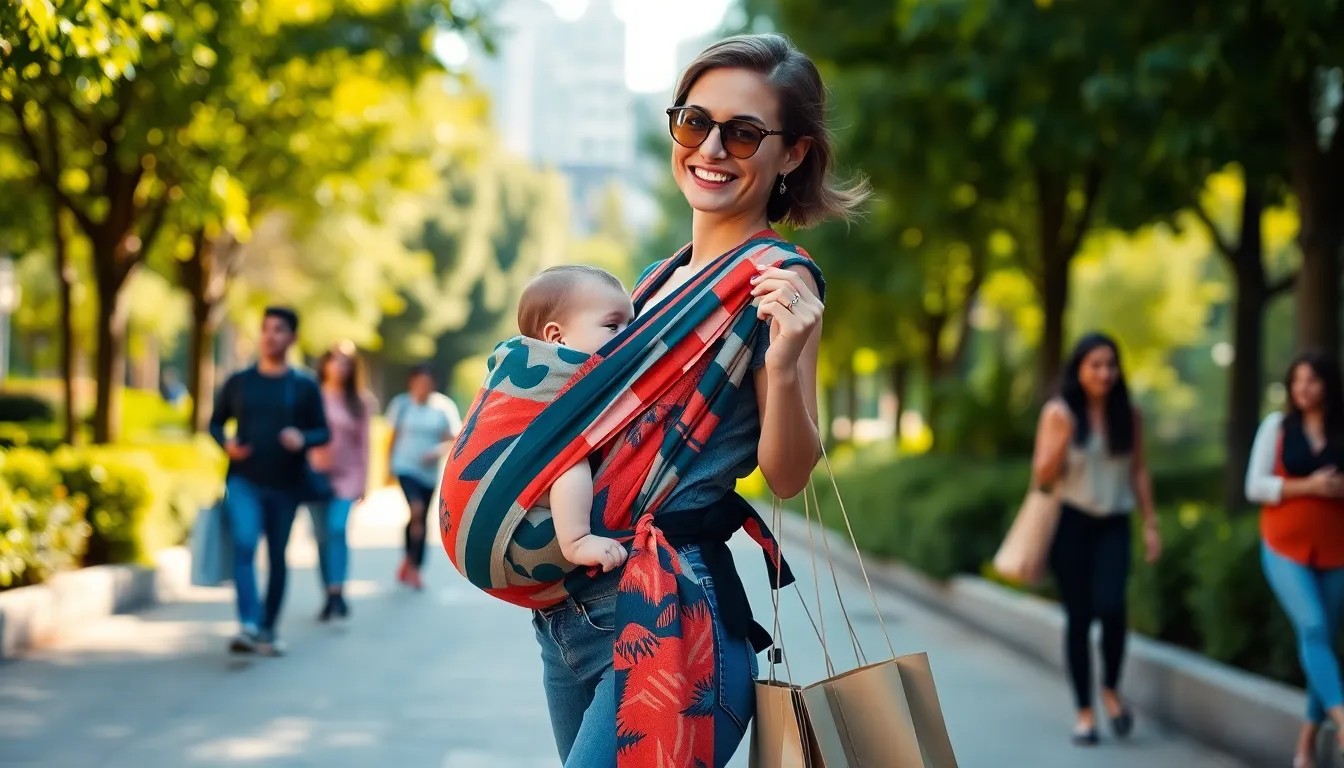 parent wearing a trendy baby carrier in a sunny park.