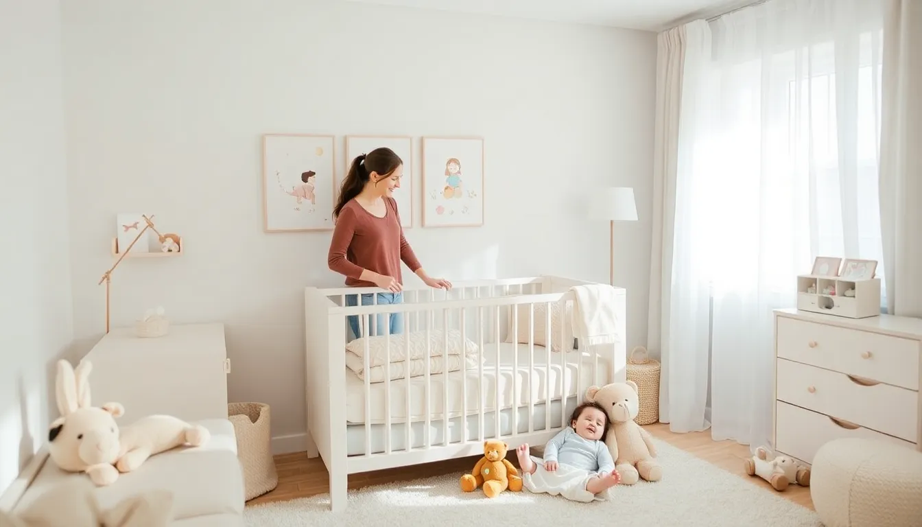 toddler sleeping in a calm nursery with a parent nearby.