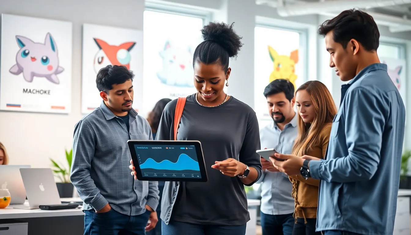group of trainers discussing Pokémon sleep patterns in a modern workspace.