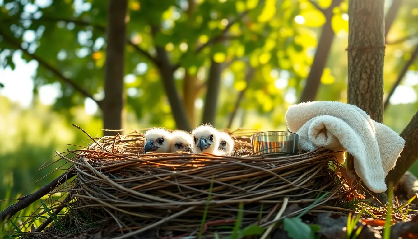 baby eagles in a nest with gear in a natural setting.