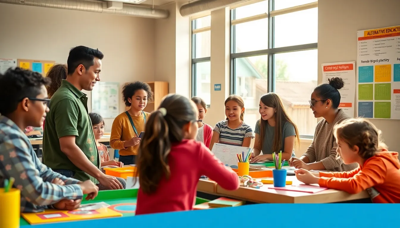 students and teacher collaborating in a bright, modern classroom.