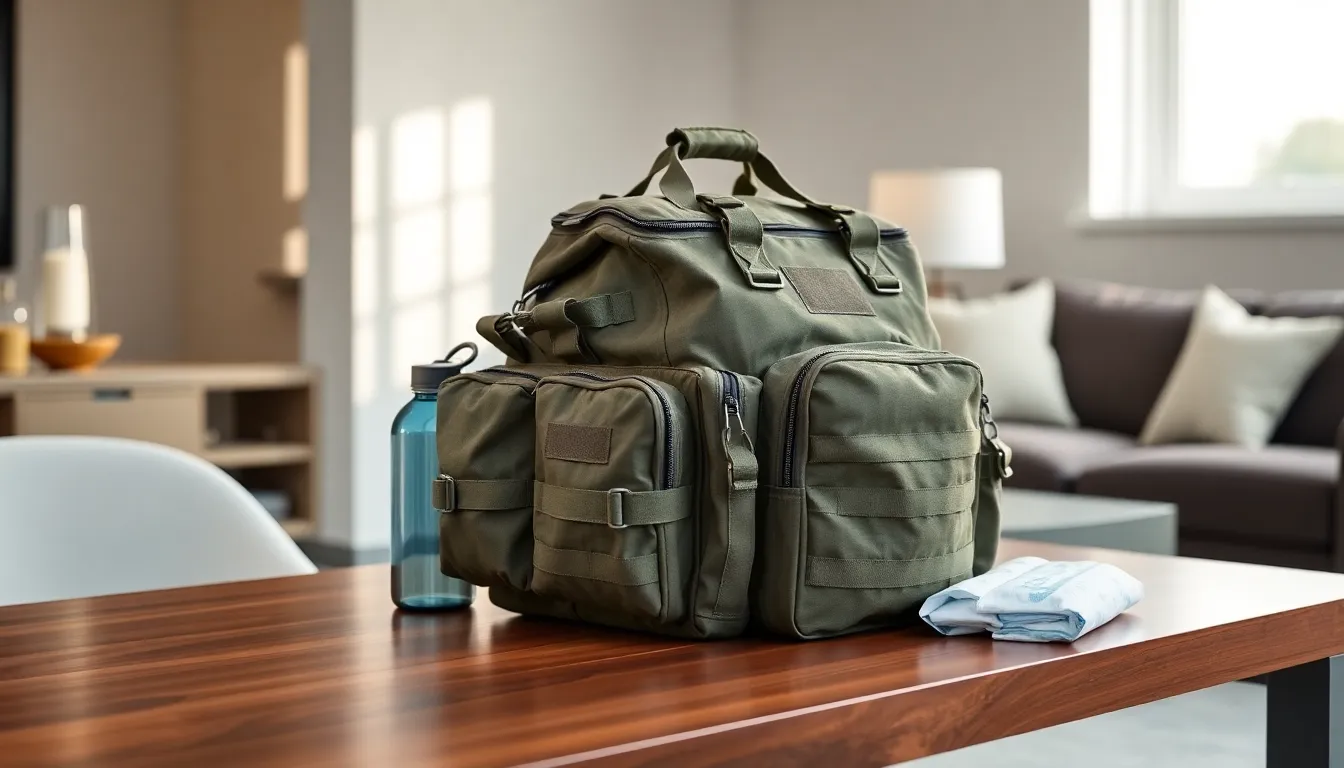 tactical baby diaper bag with organized baby essentials on a table.