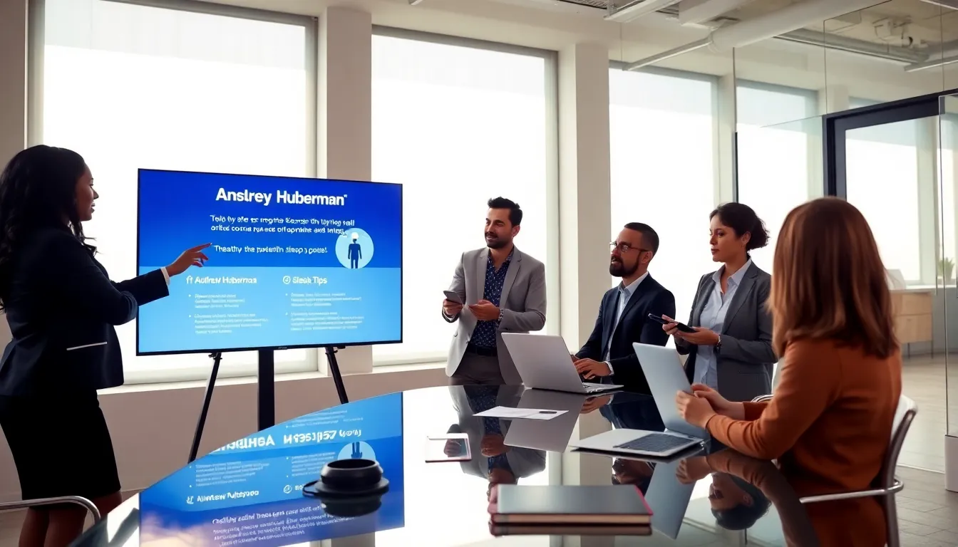 professionals discussing sleep tips in a modern office